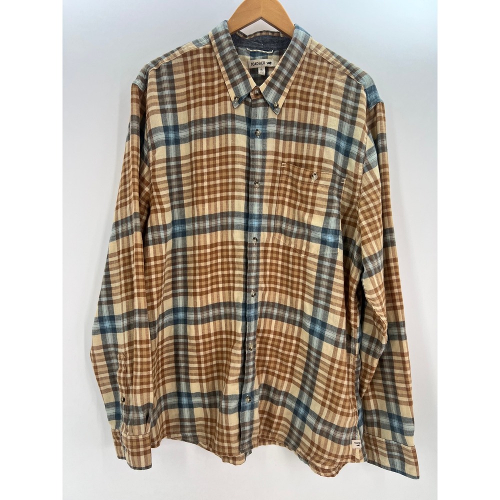 Toad&Co Airsmyth LS Shirt Mens XL Brown Blue Plaid Recycled Flannel